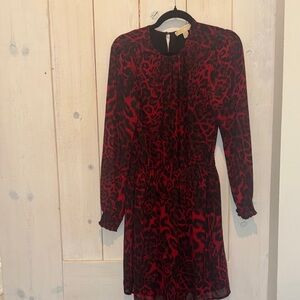 Michael Kors Red and Black Animal-Print Long Sleeve Dress